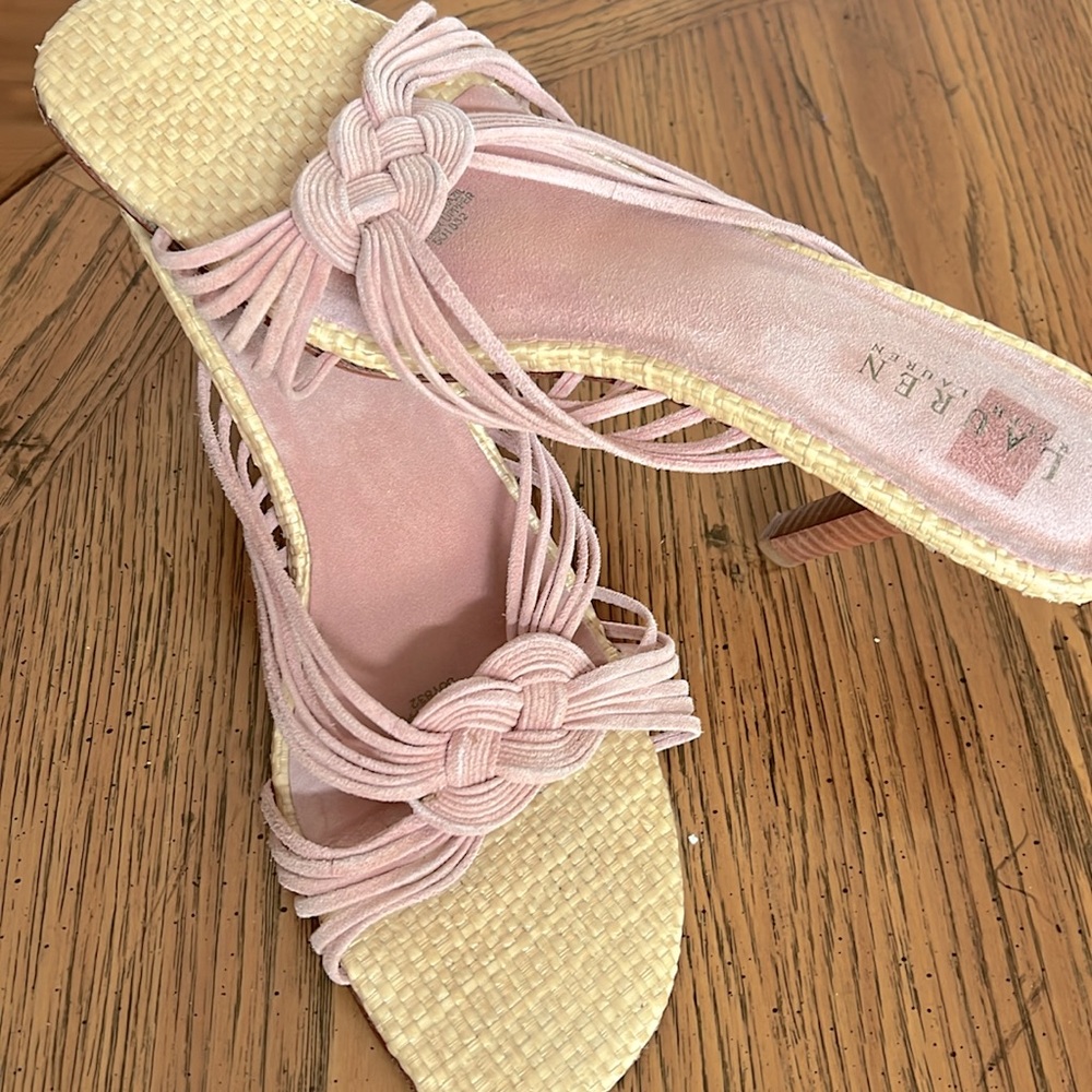 LaurenRalphLaurenSexy Light RoseSuede&Cream color Rattan.S9B.Wooden heels.Brazil